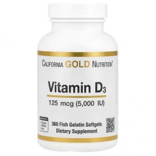 California Gold Nutrition, вітамін D3, 125 мкг (5000 МО), 360 капсул з риб’ячого желатину