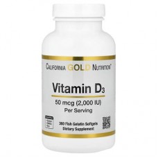 California Gold Nutrition, вітамін D3, 50 мкг (2000 МО), 360 капсул із риб’ячого желатину